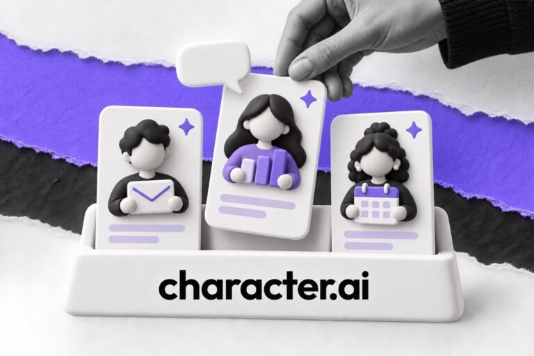 Colagem: três cartões de personagem num suporte com o logo do Character.AI; um solta balão de conversa