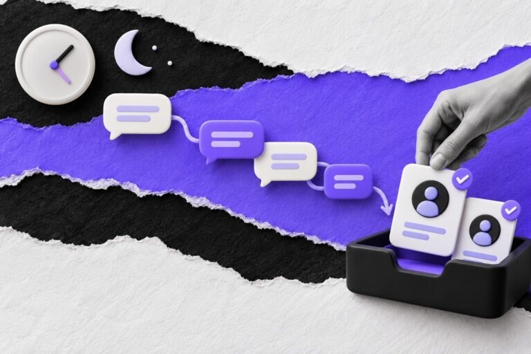 Colagem: relógio e lua de papel; balões de conversa à noite viram fichas de lead qualificadas