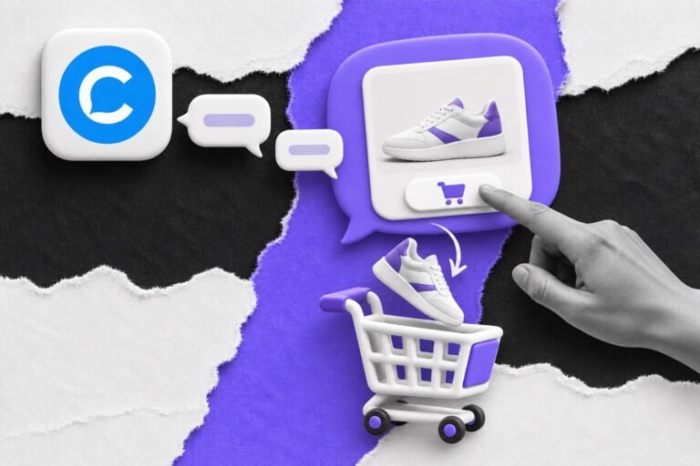 Colagem: conversa que sai do ícone do Chatfuel; dedo toca o produto no balão e o tênis cai no carrinho