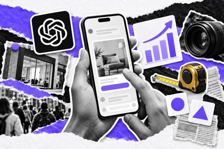 Colagem: celular com anúncio visual dentro do chat, logo do ChatGPT, fita métrica e gráfico de medição.