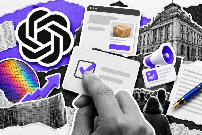 Colagem: dedo marca caixa de consentimento; janela de chat com anúncio, prédio europeu e logo do ChatGPT.