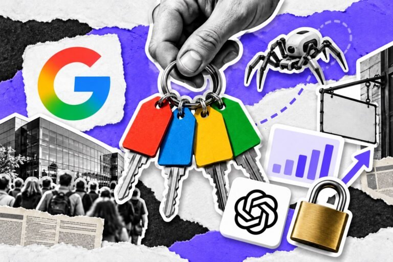 Colagem: molho de quatro chaves com etiquetas em branco, cadeado de latão, aranha rastreadora e logo do Google.