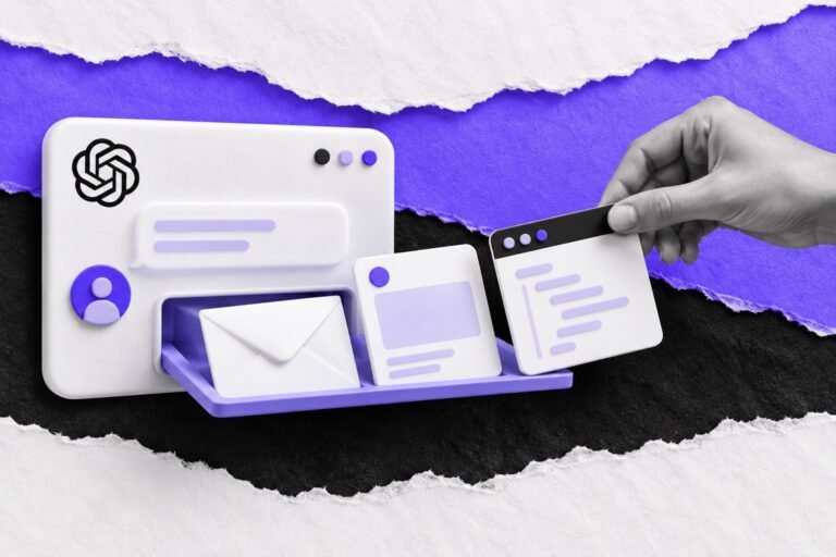Colagem: janela com o logo do ChatGPT entrega e-mail, post e código; mão pega o código