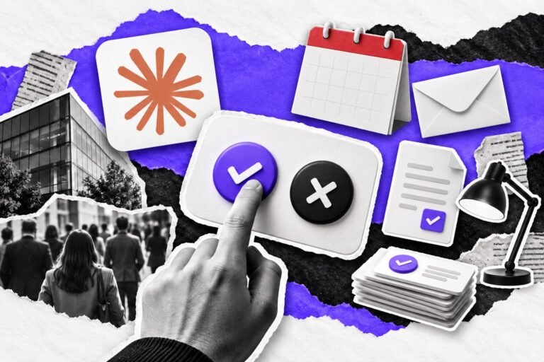 Colagem: dedo prestes a aprovar um cartão com dois botões; ao lado, bloco com o logo do Claude e tarefas organizadas.