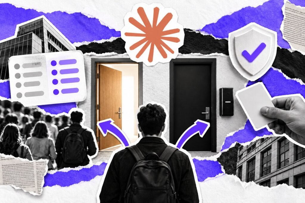 Colagem: duas portas no mesmo muro, uma aberta e outra com leitor de cartão, sob o logo do Claude.