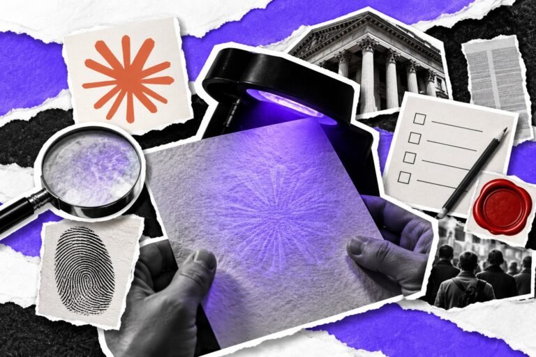 Colagem: luz ultravioleta revela padrão violeta numa página de texto; impressão digital, carimbo vermelho e logo do Claude.