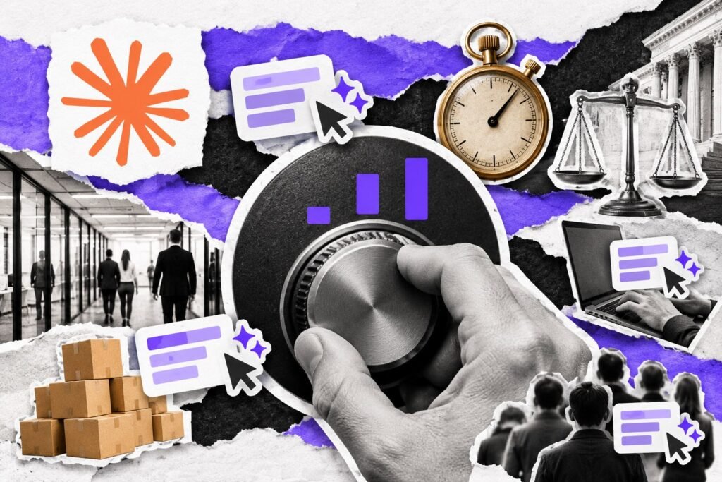 Colagem: mão gira um botão de esforço em três níveis; ao lado, o logo do Claude e cursores de IA levando tarefas.