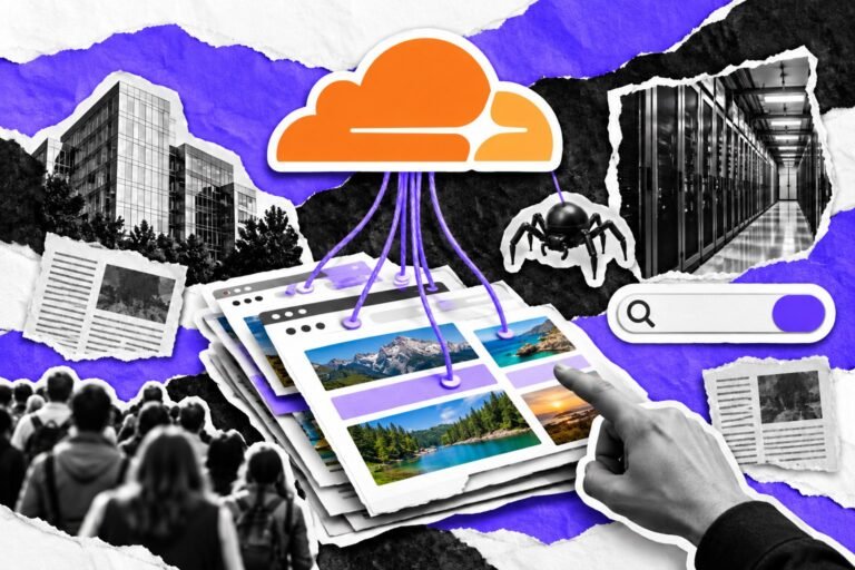 Colagem: pilha de páginas com algumas em violeta, nuvem com o logo da Cloudflare e uma aranha rastreadora seguindo os fios.