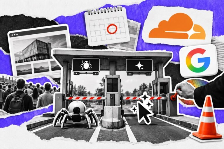 Colagem: pedágio com duas pistas para robô de busca e cursor de IA, cone laranja e logo da Cloudflare.