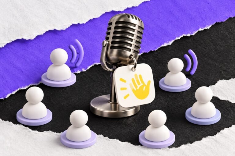 Colagem: microfone de estúdio com etiqueta do Clubhouse no centro de uma roda de avatares em conversa