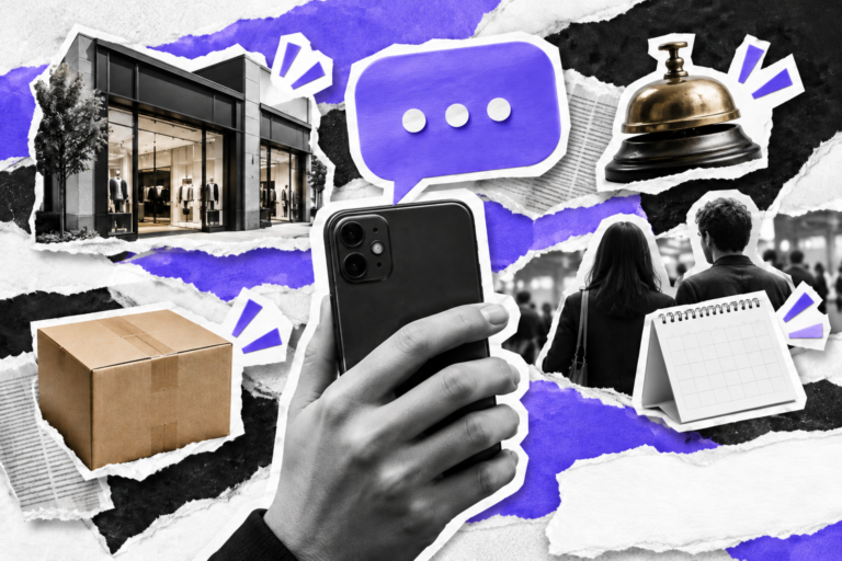 Colagem editorial com celular, comércio e conversa entre clientes e empresas