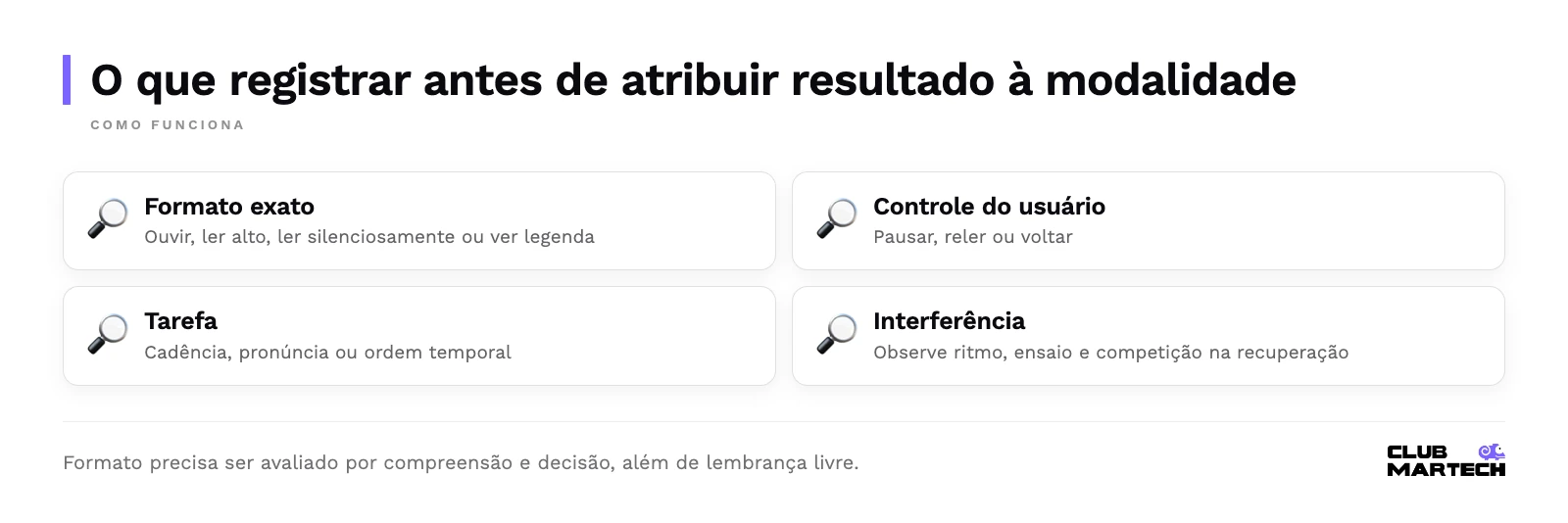 O que registrar antes de atribuir resultado à modalidade: formato exato, controle do usuário, tarefa, interferência.