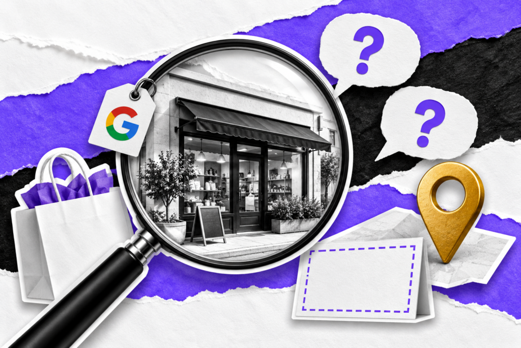 Anúncios no AI Mode: busca conversacional, comércio e expansão de mercados em colagem editorial.