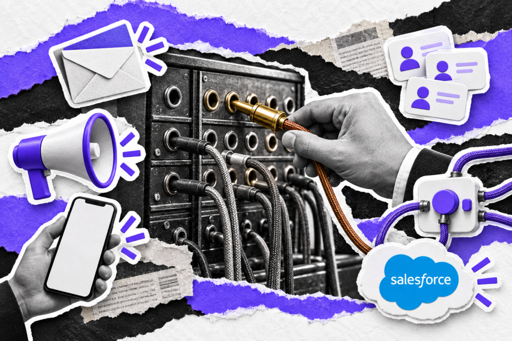 Colagem editorial: mão conecta cabo dourado a uma mesa telefônica, cercada por canais de marketing e pelo logo da Salesforce, sobre papel rasgado branco, violeta e preto.