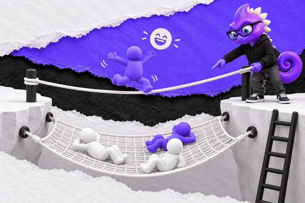 Compensação de risco: ilustração com o Marc e bonequinhos de argila — white safety net under a rope