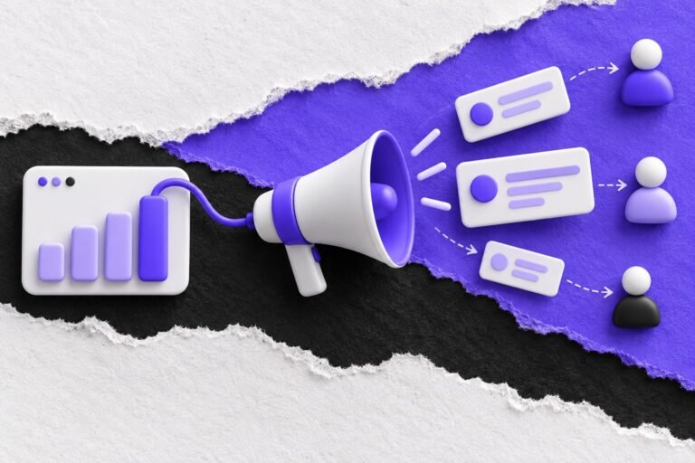 Colagem: megafone ligado a um gráfico de barras envia mensagens de tamanhos diferentes a cada avatar.