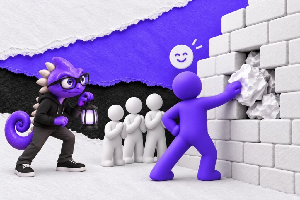 Confabulação: ilustração com o Marc e bonequinhos de argila — brick wall hole stuffed with crumpled paper