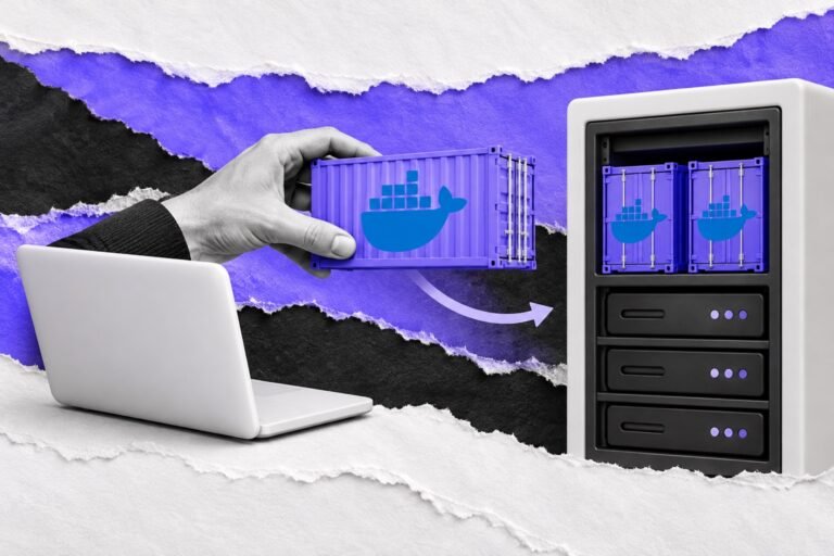 Colagem: mão leva contêiner com o logo do Docker de um notebook fechado a um rack de servidor