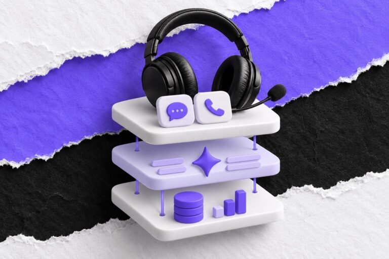 Colagem: headset sobre uma pilha de três camadas com canais, brilho de IA e banco de dados.