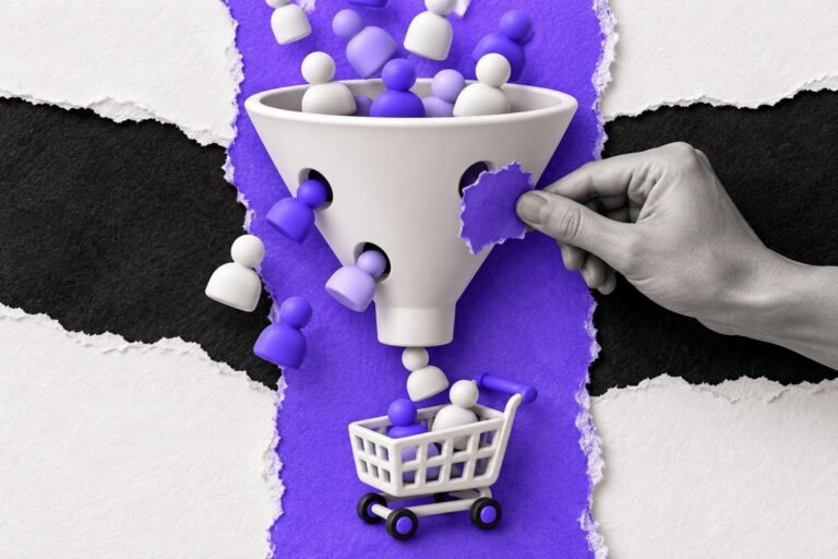Colagem: mão tapa com remendo violeta um furo de funil por onde avatares escapavam antes do carrinho.