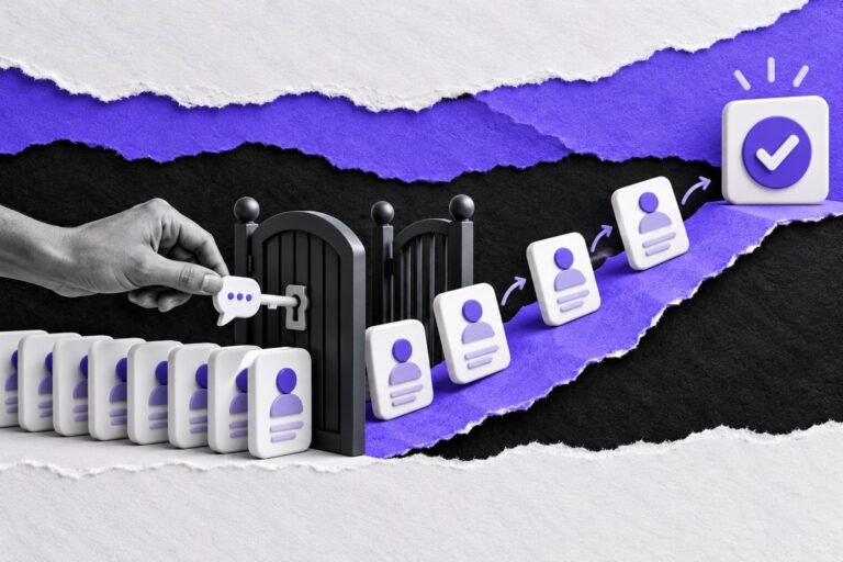 Colagem: fichas de lead paradas num portão até uma mão abri-lo, e elas sobem uma rampa violeta.