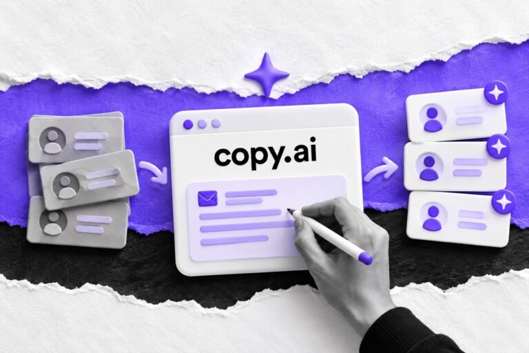 Colagem: e-mail com o logo do Copy.ai escrito por IA transforma fichas cinza em oportunidades