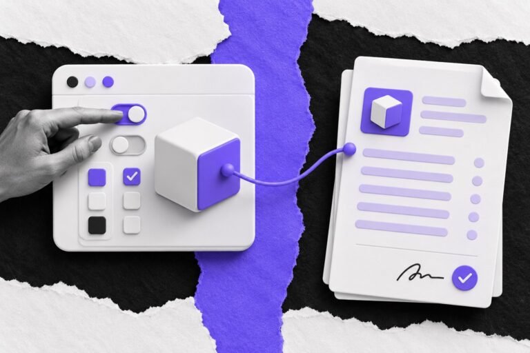 Colagem: mão aciona uma chave num configurador de produto ligado a uma proposta com check de assinatura.
