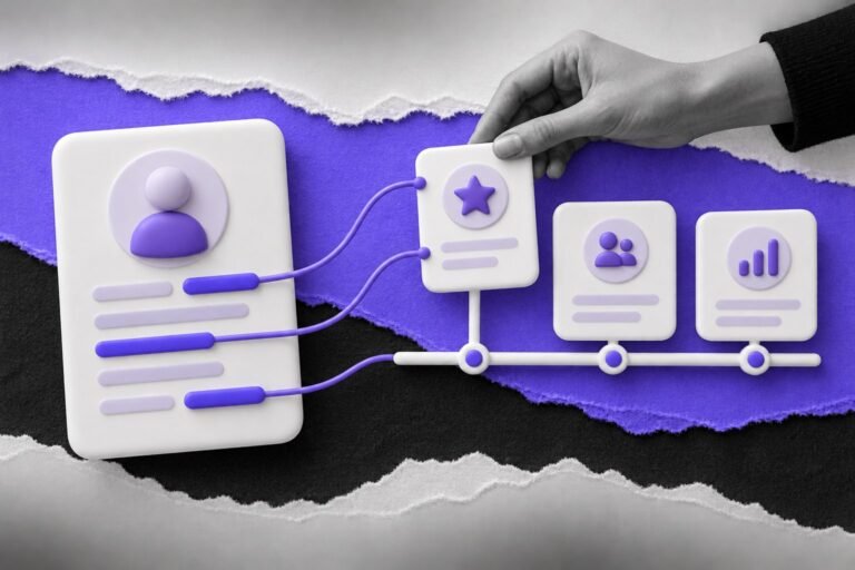Colagem: ficha de cliente com trechos destacados ligada por fios a um roadmap, e uma mão sobe um item.