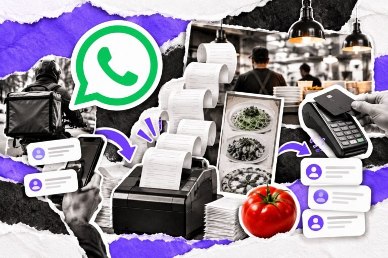 Colagem: espeto de pedidos vira fichas de clientes; maquininha, sacola de entrega, tomate vermelho e logo do WhatsApp.