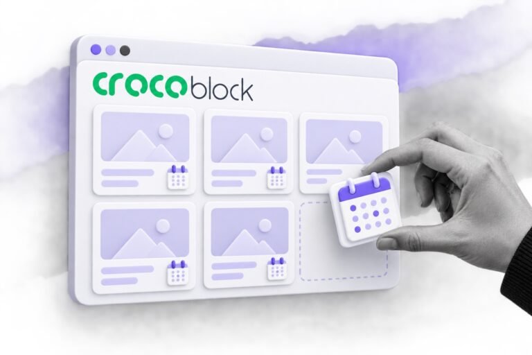 Colagem: site com o logo do Crocoblock feito de listagens; mão encaixa um bloco de reserva