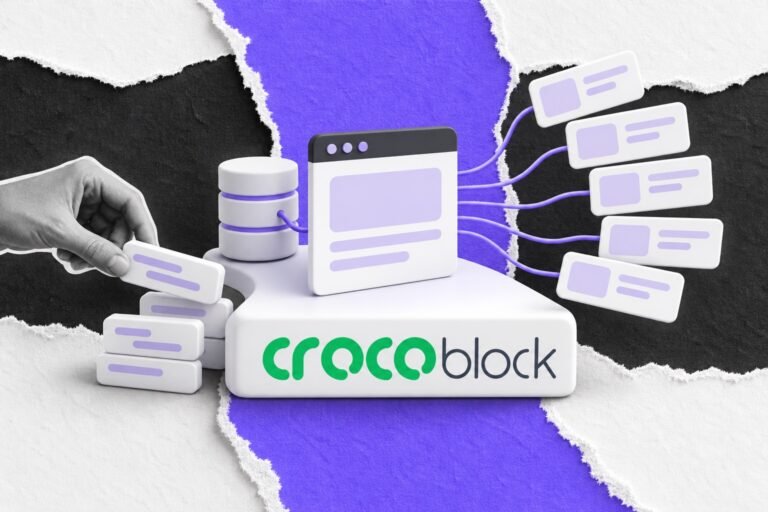 Colagem: plataforma com logo do Crocoblock, template ligado a cartões de conteúdo e banco de dados; mão retira blocos soltos