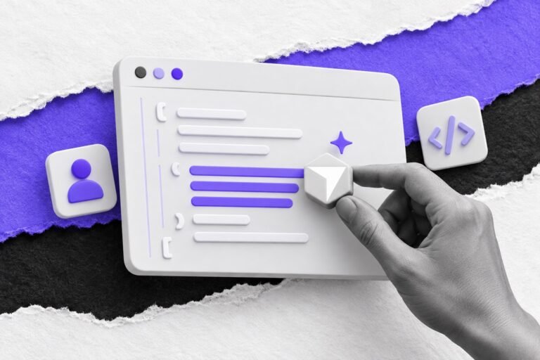 Colagem: janela de editor em 3D; cursor com logo do Cursor completa linhas de código em violeta.