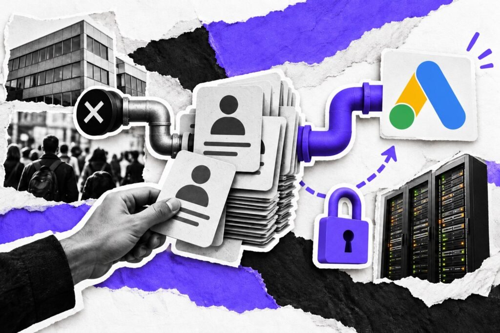 Colagem: fichas de clientes seguem por um novo cano violeta até o Google Ads; o cano antigo está fechado.
