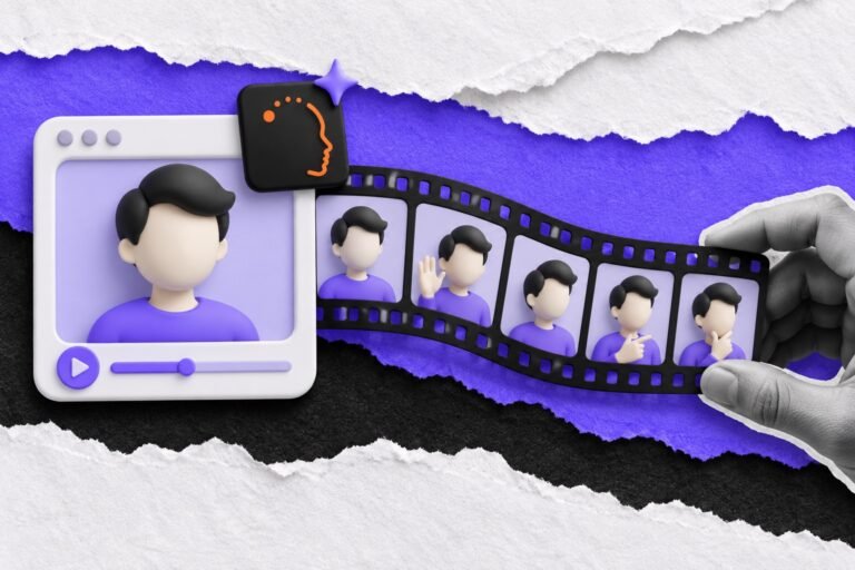 Colagem: player com avatar sem rosto e placa do D-ID; película repete o avatar em várias poses
