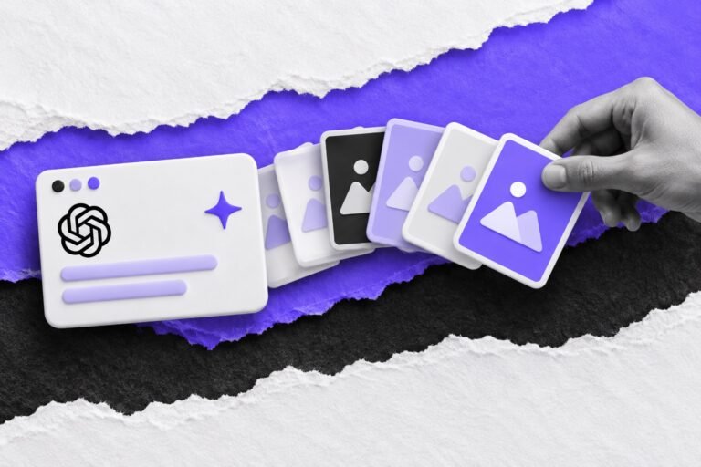 Colagem: cartão de comando com logo do DALL·E abre um leque de cartões de imagem; mão escolhe um.