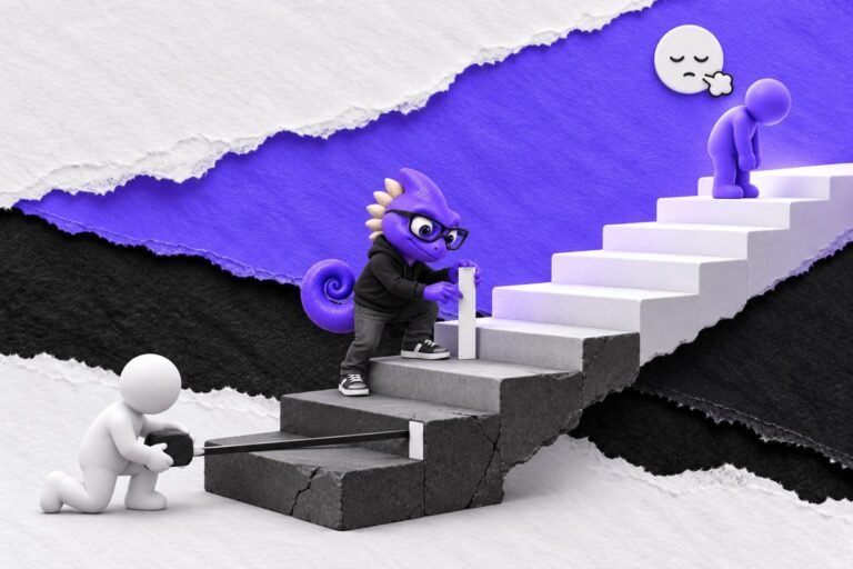 Declinismo: ilustração com o Marc e bonequinhos de argila — white staircase with a measuring tape