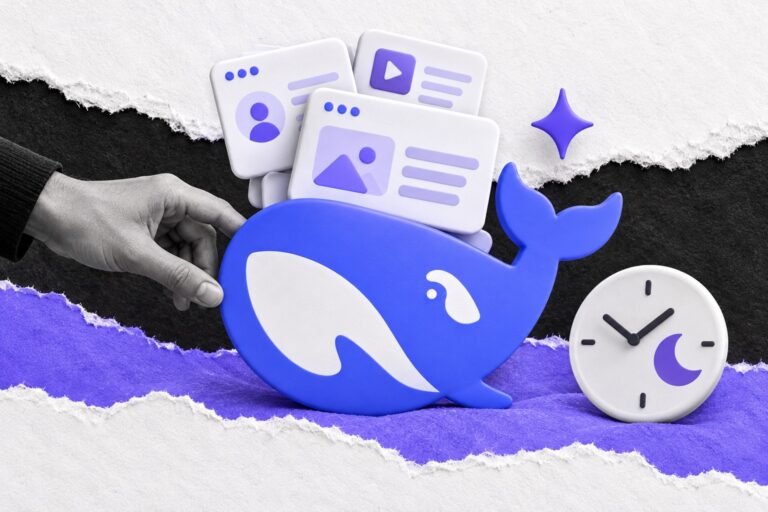 Colagem: placa com logo do DeepSeek emerge da faixa violeta levando cartões de anúncio; relógio com lua.