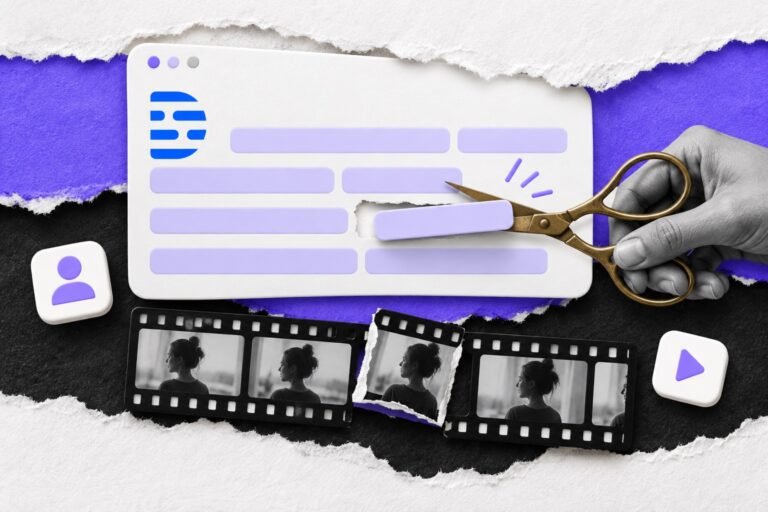 Colagem: tesoura corta uma linha de transcrição com logo do Descript e o quadro do filme sai junto.