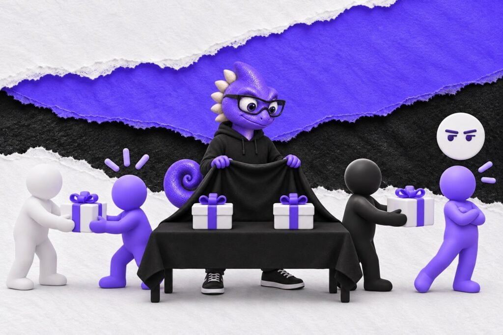 Desvalorização reativa: ilustração com o Marc e bonequinhos de argila — two identical white gift boxes