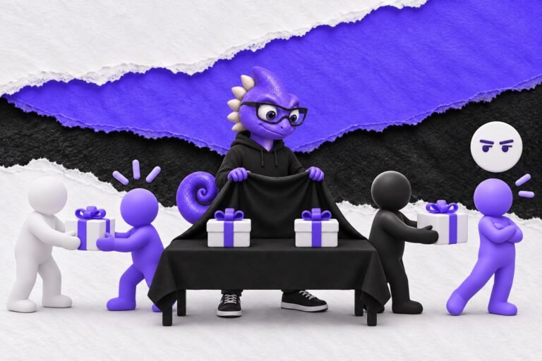 Desvalorização reativa: ilustração com o Marc e bonequinhos de argila — two identical white gift boxes