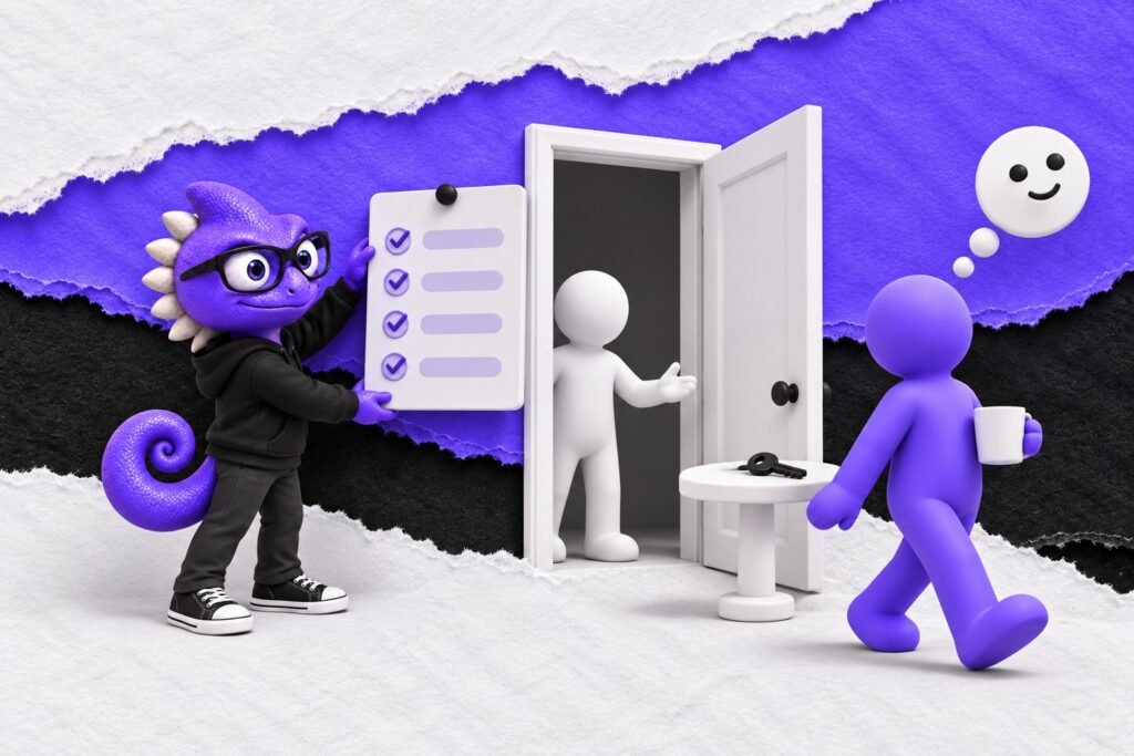 Distração: ilustração com o Marc e bonequinhos de argila — open door with a forgotten key on a table