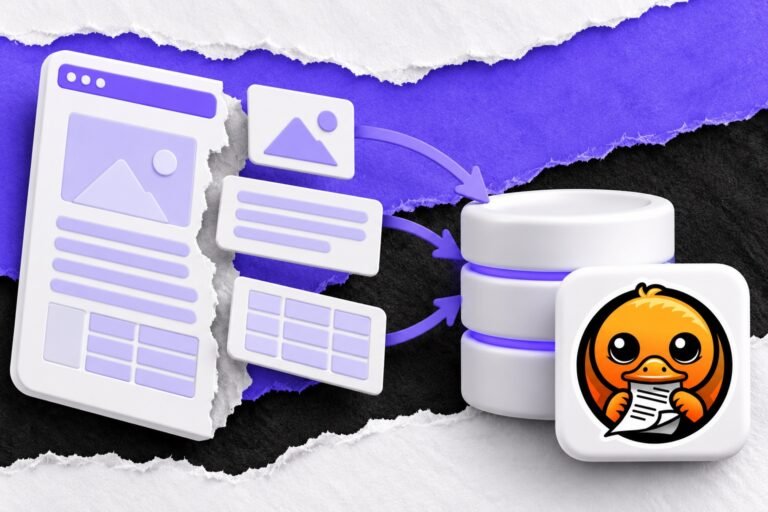 Colagem: página de documento se separa em tabela, texto e figura que entram num banco de dados com o logo do Docling