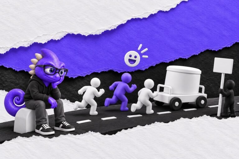 Efeito adesão: ilustração com o Marc e bonequinhos de argila — white cart with drum rolling down a black road