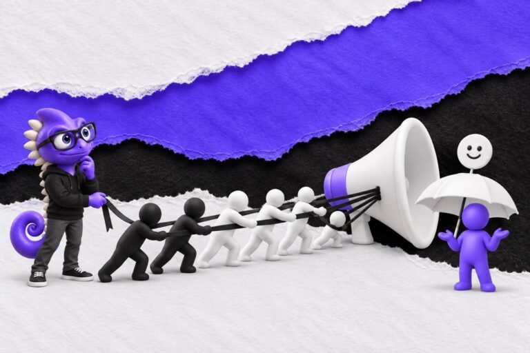 Efeito da terceira pessoa: ilustração com o Marc e bonequinhos de argila — large white megaphone pulling a few figurines by black ribbons