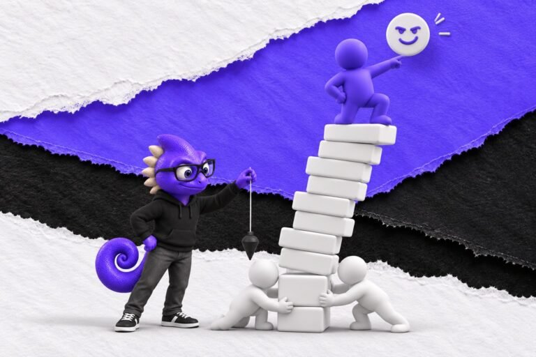 Efeito de excesso de confiança: ilustração com o Marc e bonequinhos de argila — tall thin wobbly tower of white blocks