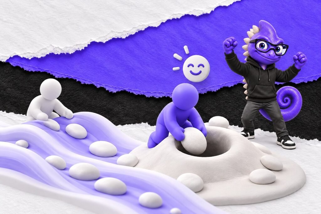 Efeito de níveis de processamento: ilustração com o Marc e bonequinhos de argila — white clay stones, one pressed deep into a clay hole