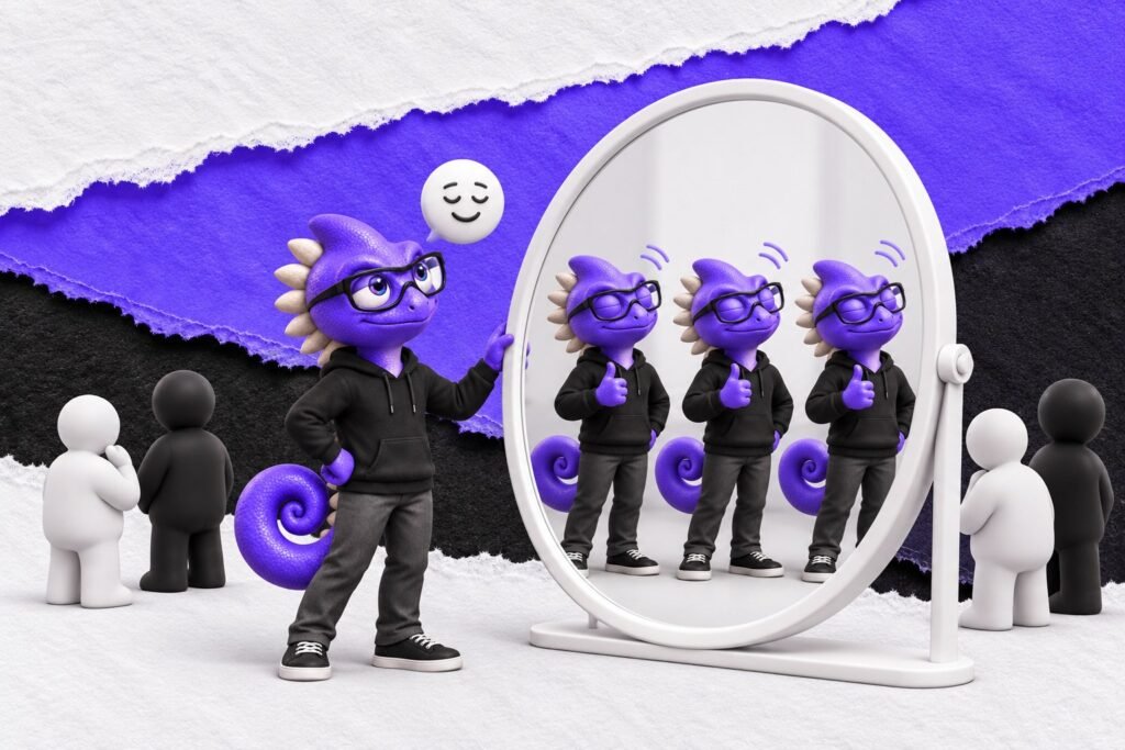 Efeito do falso consenso: ilustração com o Marc e bonequinhos de argila — round white mirror showing three copies of the violet figurine