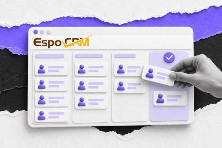 Colagem: quadro de funil com logo do EspoCRM e colunas de contatos; mão leva um cartão para a coluna final