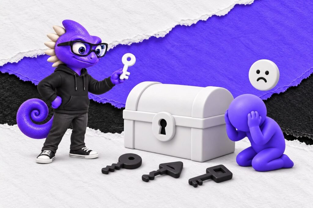 Esquecimento dependente de pistas: ilustração com o Marc e bonequinhos de argila — white chest with keyhole and one ordinary white key
