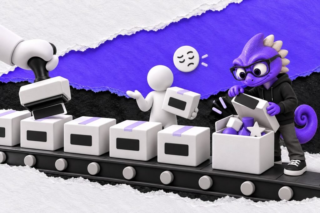 Estereotipagem: ilustração com o Marc e bonequinhos de argila — white box with a blank black label under a big stamp